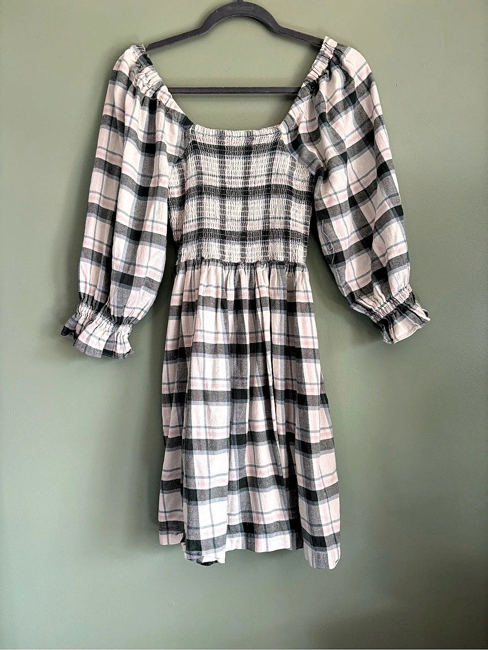 Madewell Lucie Elbow-Sleeve Smocked Mini Dress in Lebaum Plaid Lucie Smocked